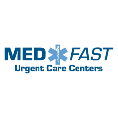 A green background with the words medfast urgent care centers in blue.